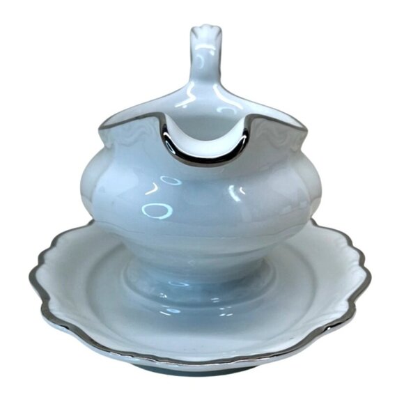 Johann Haviland Platinum Baroque White Gravy Boat with Attached Underplate - Picture 2 of 12